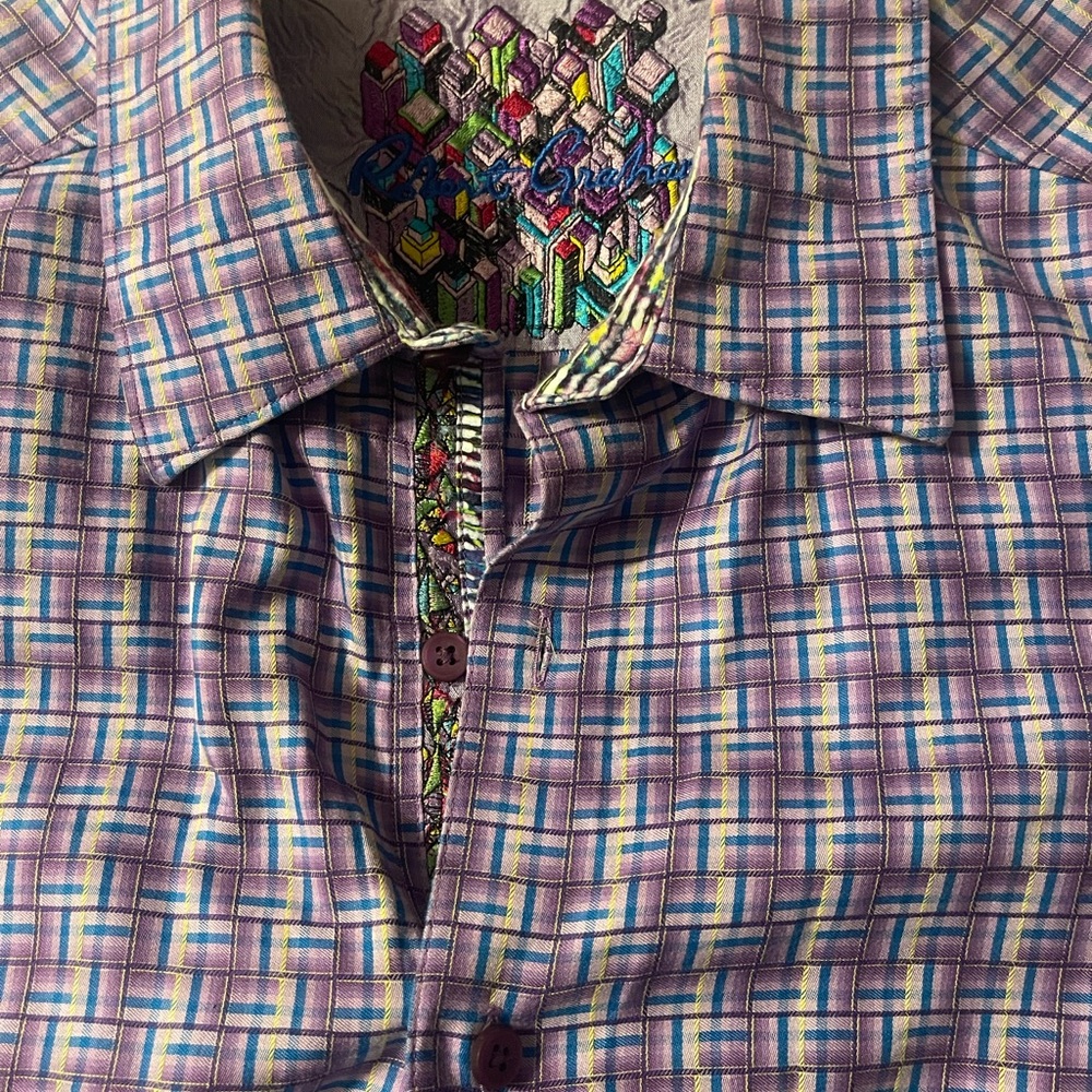 Robert Graham men’s short sleeve‎ button front purple print shirt size XL